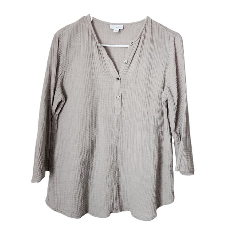 PURE JILL by J.JILL Gauze Cotton Tunic Top Button Front 3/4 Sleeve in Dove XS - Picture 1 of 6